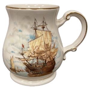 Vintage Sadler English Ceramic Clipper Tall Ship Beer Stein Gold Rim Mug